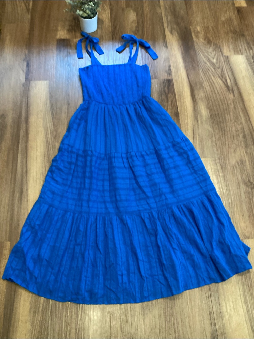 Bright Blue Tie-Shoulder Smocked Midi Dress with Tiered Skirt